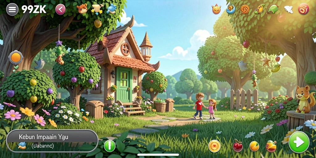 Gambar gameplay <strong>99ZK</strong> dengan kebun yang subur dan aktif.