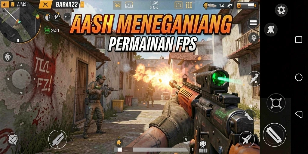 Tampilan utuh gameplay menegangkan dalam BARA22 di arena FPS.