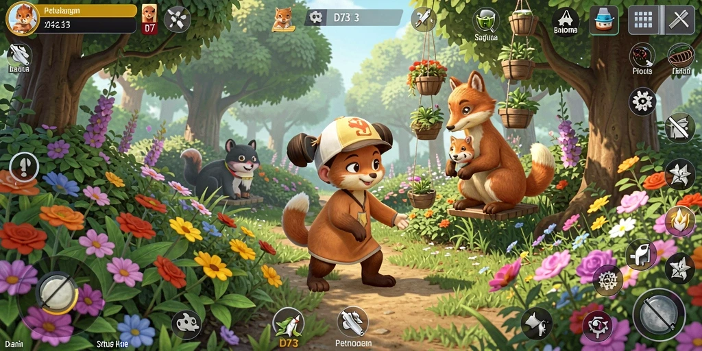 Tampilan gameplay D73 yang menunjukkan petualangan berkebun yang seru.