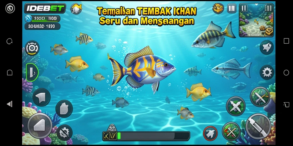 Screenshot gameplay IDEBET yang menampilkan aksi menembak ikan.