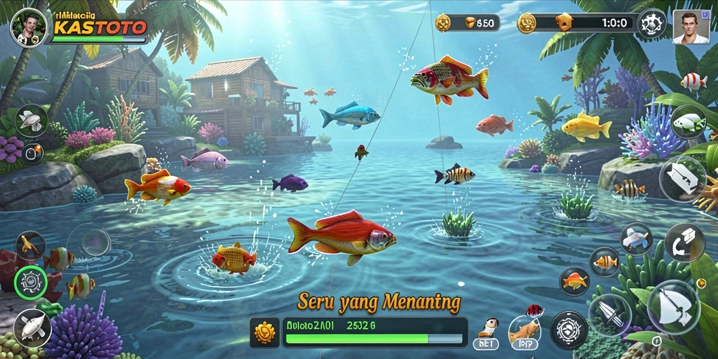 Screenshot gameplay KASTOTO yang menunjukkan aksi memancing yang mendebarkan.