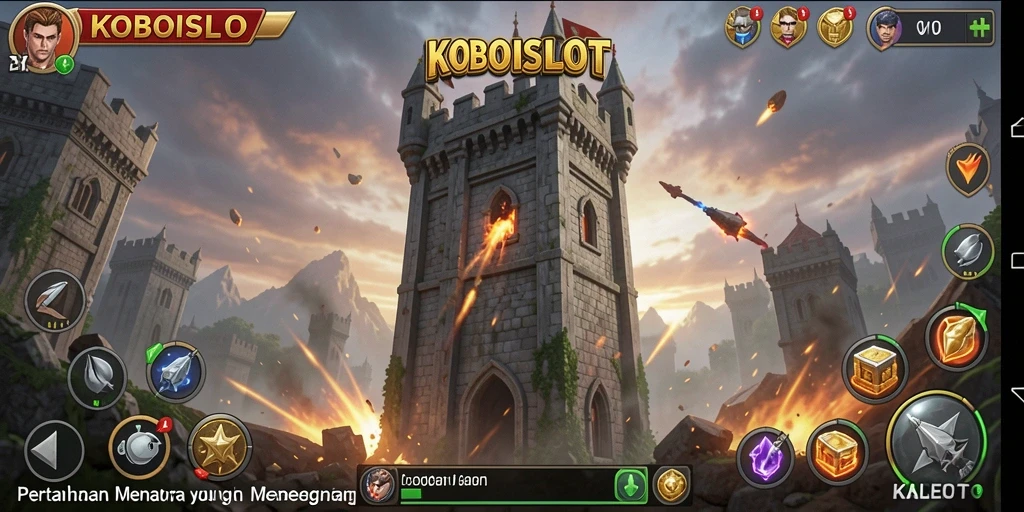 Screenshot gameplay KOBOISLOT dengan menara dan musuh yang menegangkan.