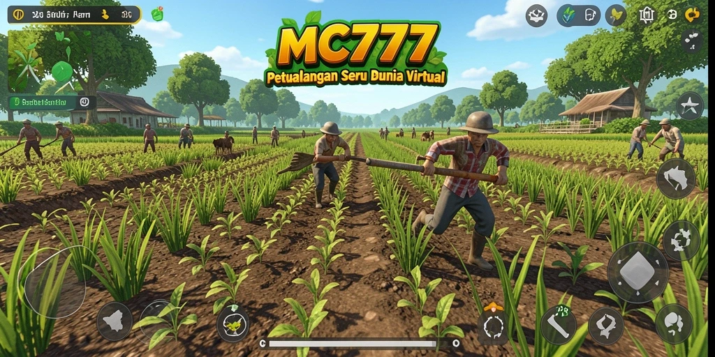 Tangkapan layar utama MC777 menunjukkan aktivitas bertani yang menarik dan penuh warna.
