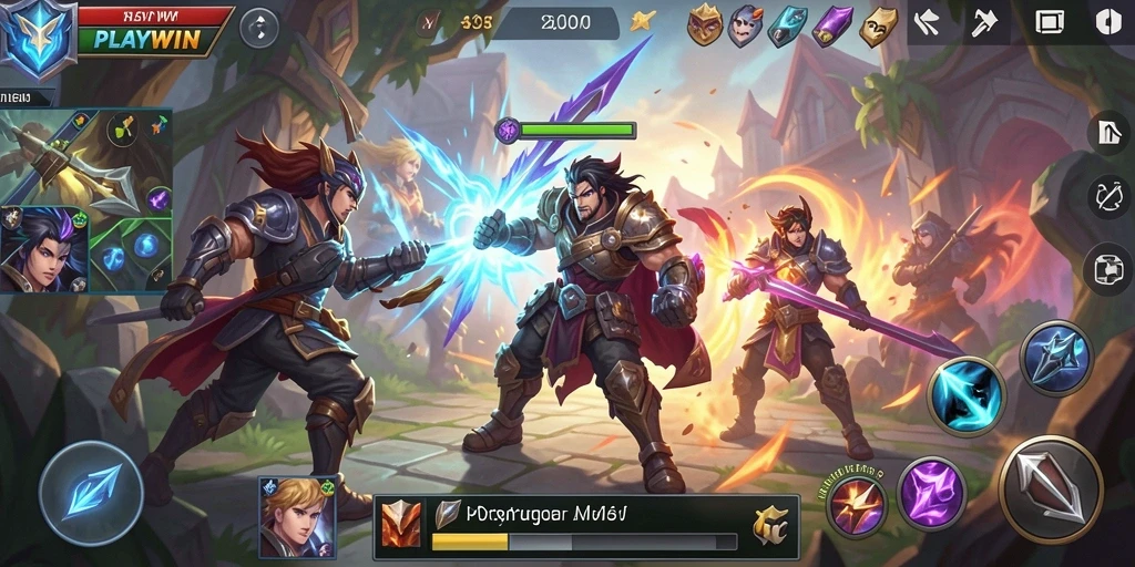 Screenshot utama PLAYWIN menampilkan aksi pertempuran MOBA yang seru.
