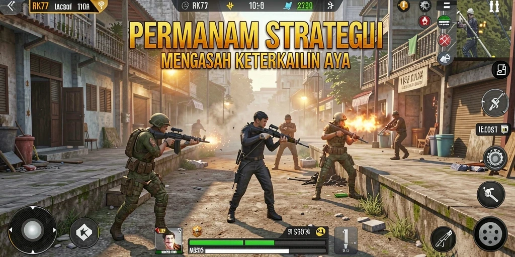 Screenshot gameplay RK77 yang memperlihatkan peperangan strategi.