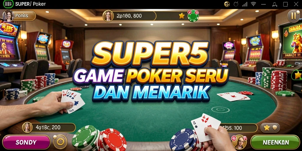 Tangkapan layar utama SUPER5 menampilkan gameplay poker yang mendebarkan.